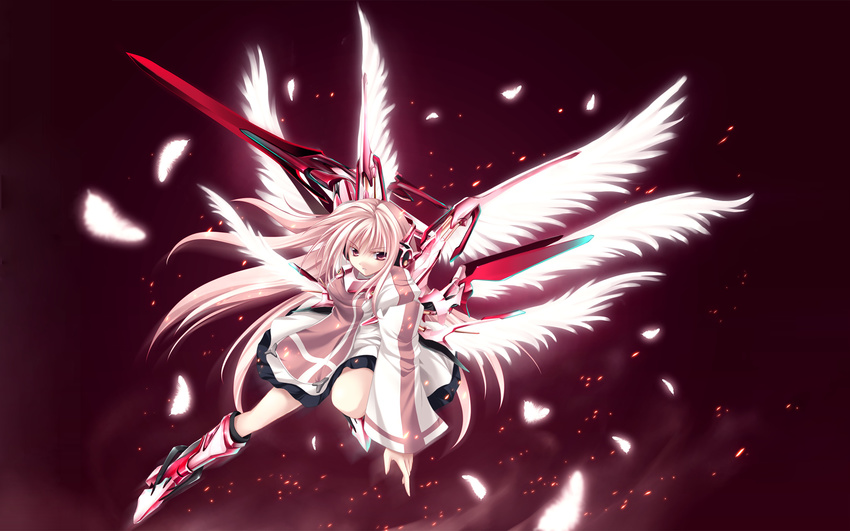 angel copyright_request feathers highres long_hair long_sleeves mecha_musume multiple_wings non-web_source pink_hair robot_ears seraph solo sword tateha_(marvelous_grace) very_long_hair wallpaper weapon wings