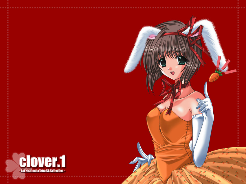 :d animal_ears artist_name bangs bare_shoulders breasts brown_hair bunny_ears carrot carrot_print choker cleavage clover_(game_cg) collarbone copyright_name dress elbow_gloves food_print from_side gloves green_eyes hair_ribbon highres index_finger_raised medium_breasts nishimata_aoi open_mouth orange_dress print_dress red_background red_ribbon ribbon ribbon_choker short_hair simple_background smile solo strapless strapless_dress tareme wallpaper white_gloves