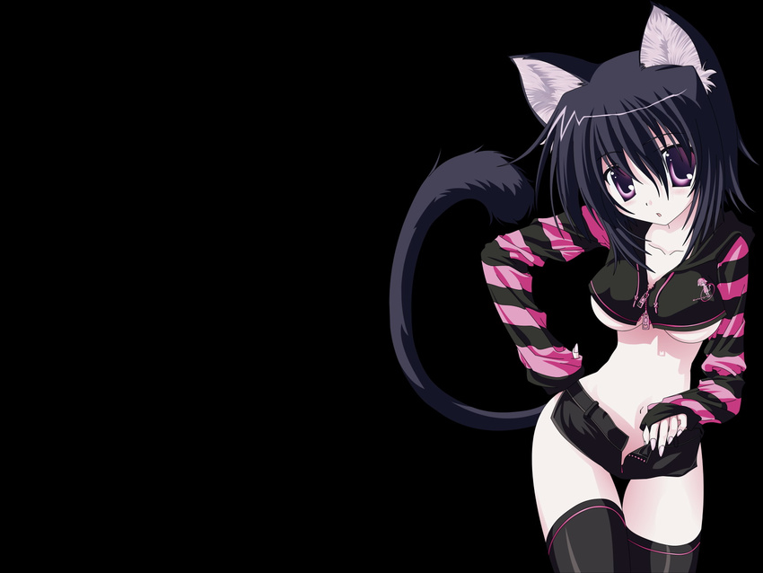 animal_ears black black_x_pink blue_hair catgirl nanao_naru tagme thigh-highs under_boob violet_eyes