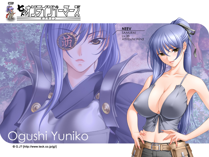 armor bag belt belt_pouch blue_hair blush breasts camisole cleavage covered_nipples crop_top dual_persona eyepatch fantasy fingernails hair_ribbon hands_on_hips huge_breasts lips lipstick long_fingernails long_hair makeup mature midriff nail_polish nature neev no_bra ogushi_yuniko ponytail pouch ribbon samurai sano_toshihide satchel shichinin_no_online_gamers smile very_long_hair wallpaper yellow_eyes