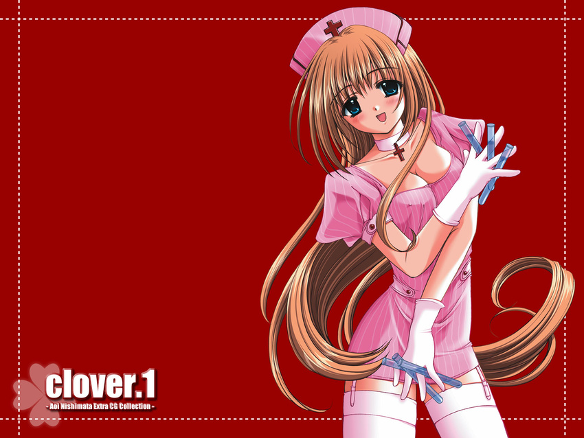 between_fingers blue_eyes blush breasts brown_hair choker cleavage clover_(game_cg) covered_nipples cross dress garter_straps gloves hat head_tilt highres latin_cross long_hair medium_breasts nishimata_aoi nurse nurse_cap red_background simple_background smile solo striped test_tube thighhighs very_long_hair wallpaper white_gloves white_legwear zettai_ryouiki