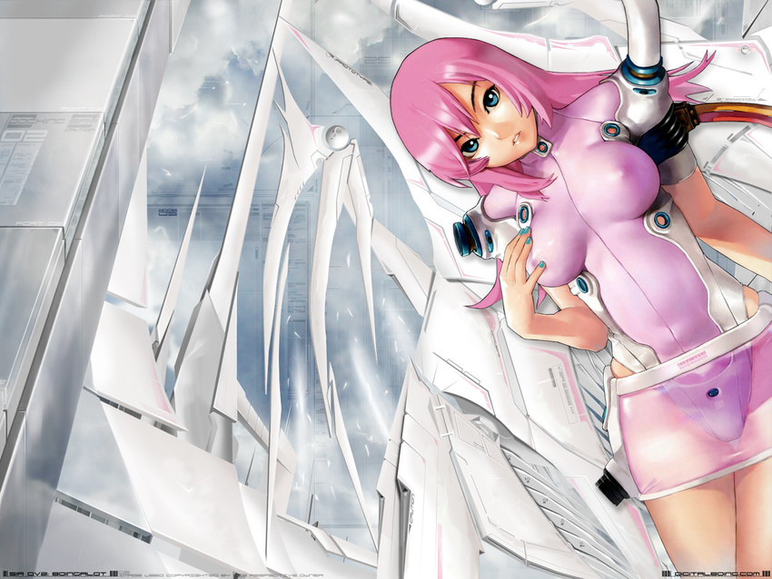 angel aqua_nails bangs blue_eyes breasts cable covered_nipples dutch_angle gradient gradient_background hakua_ugetsu large_breasts latex leotard lisa.com long_hair looking_at_viewer miniskirt nail_polish official_art parted_bangs pink_hair pink_leotard scan science_fiction see-through self_fondle shiny shiny_clothes sidelocks skin_tight skirt solo taisen_hot_gimmick taisen_hot_gimmick_3 thigh_gap thighs turtleneck wallpaper