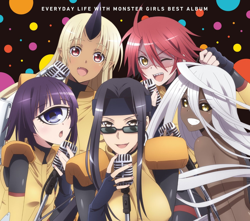 ahoge album_cover black_hair black_sclera blonde_hair blue_eyes breasts copyright_name cover cyclops dark_skin doppel_(monster_musume) doppelganger eyebrows eyebrows_visible_through_hair eyes_visible_through_hair fang fingerless_gloves gloves grin headband highres horn large_breasts long_hair manako monster_girl monster_musume_no_iru_nichijou ms._smith multiple_girls music nude official_art ogre one-eyed one_eye_closed open_mouth pointy_ears purple_hair red_eyes red_hair sharp_teeth singing small_breasts smile stitches sunglasses teeth tionishia uniform very_long_hair white_hair yellow_eyes zombie zombina
