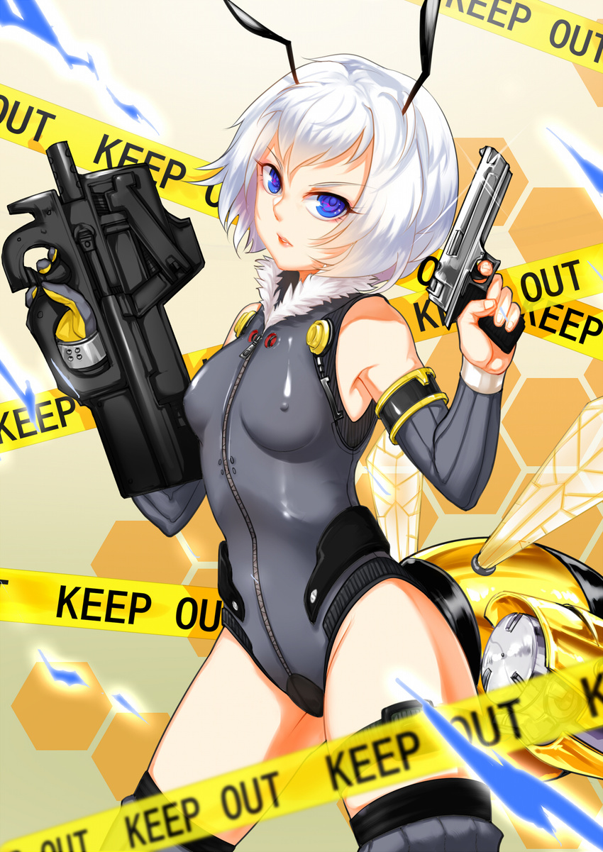 antennae armlet armpits bangs bare_shoulders bee_girl blue_eyes bracelet breasts bullpup caution_tape commentary_request covered_nipples cowboy_shot desert_eagle detached_sleeves dual_wielding elbow_gloves english finger_on_trigger from_side fur_trim glint gloves gradient gradient_background grey_gloves grey_legwear groin groin_tendon gun halterneck handgun hands_up hexagon highres holding holding_gun holding_weapon hunluan_zhongli insect_girl insect_wings jewelry legs_apart leotard liu_li looking_at_viewer mecha_musume p90 parted_lips pistol ribbed_gloves ribbed_legwear ribbed_sleeves school_shock serious shiny shiny_clothes short_hair single_elbow_glove single_glove skin_tight small_breasts solo standing submachine_gun thigh_strap thighhighs transparent weapon white_hair wings zipper