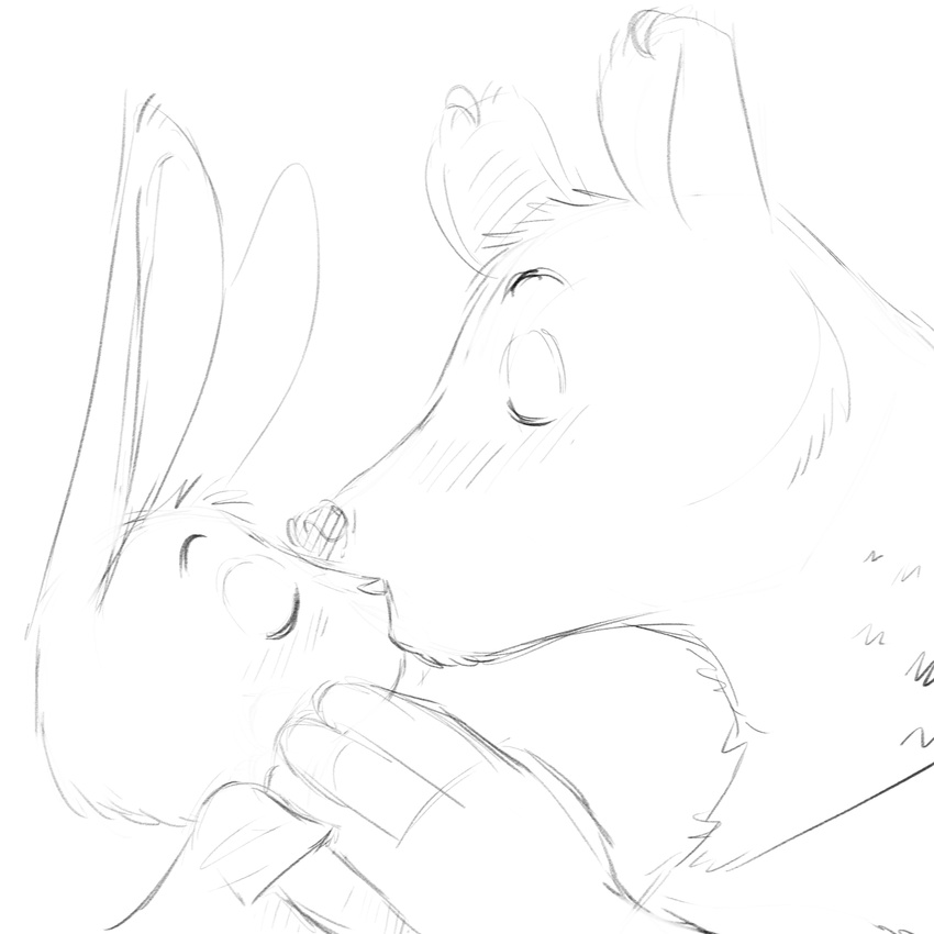 2016 anthro blush bore_(artist) cute digital_media_(artwork) duo eyes_closed fur hyena kissing lagomorph larger_male love male male/male mammal monochrome rabbit romantic_couple size_difference sketch smaller_male sunny_(trash_character) zeke_(trash_character)