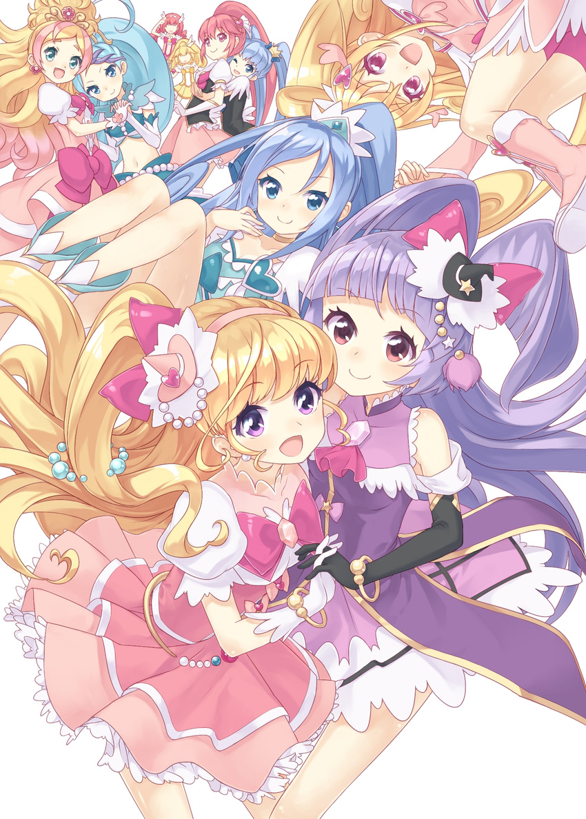 :d aida_mana aino_megumi asahina_mirai black_gloves black_hat blonde_hair blue_eyes blue_hair boots bow brooch buntan choker crown cure_diamond cure_flora cure_happy cure_heart cure_lovely cure_magical cure_mermaid cure_miracle cure_peace cure_princess curly_hair dokidoki!_precure elbow_gloves gloves go!_princess_precure hair_bow hair_flaps happinesscharge_precure! haruno_haruka hat highres hishikawa_rikka holding_hands hoshizora_miyuki izayoi_liko jewelry kaidou_minami kise_yayoi knee_boots long_hair looking_at_viewer magical_girl mahou_girls_precure! mini_crown mini_hat mini_witch_hat multicolored_hair multiple_girls open_mouth pink_bow pink_eyes pink_footwear pink_hair pink_hat pink_skirt pink_sleeves ponytail precure purple_eyes purple_hair purple_skirt shirayuki_hime shoes skirt smile smile_precure! streaked_hair twintails two-tone_hair white_background white_footwear white_gloves witch_hat