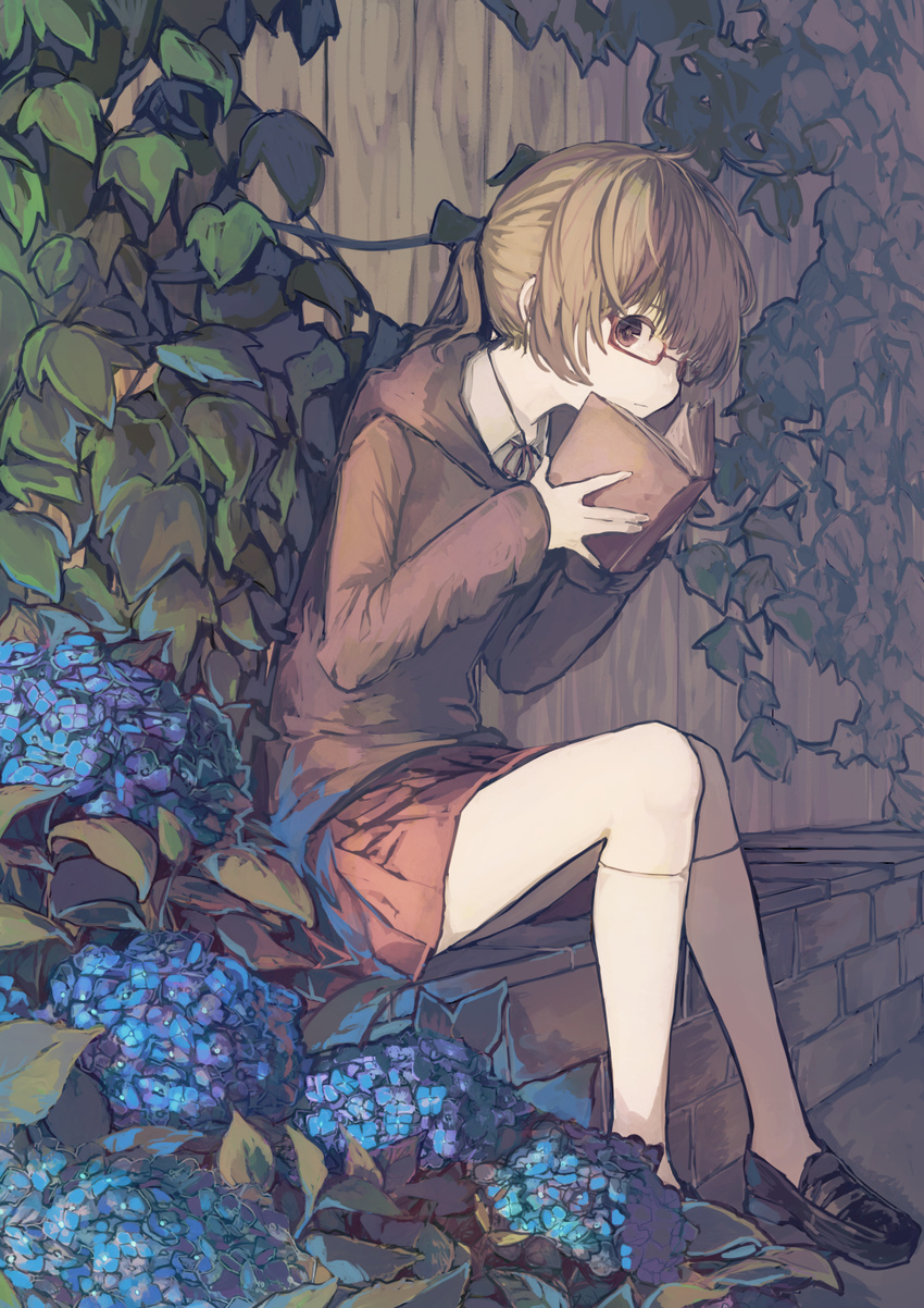 bad_id bad_pixiv_id bangs black_footwear book brick brown brown_eyes brown_hair brown_skirt closed_mouth collared_shirt expressionless fence flower from_side full_body glasses highres holding holding_book hood hood_down hoodie hydrangea ivy kneehighs knees_together_feet_apart leaning_forward loafers long_sleeves looking_at_viewer miniskirt open_book original plant pleated_skirt ponytail red-framed_eyewear semi-rimless_eyewear shirt shoes short_hair sitting skirt sleeves_past_wrists solo suzukami under-rim_eyewear vines white_legwear wooden_fence