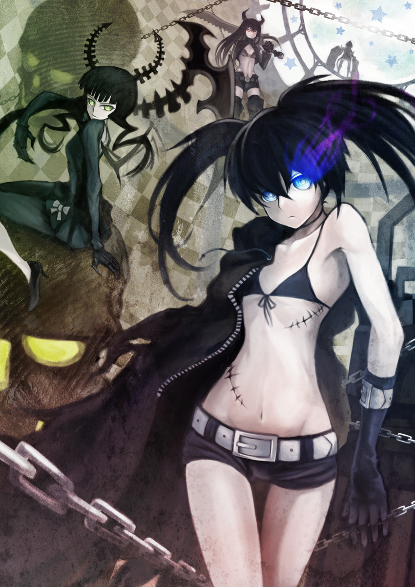 bikini_top black_gold_saw black_rock_shooter black_rock_shooter_(character) cleavage dead_master dress haimerejzero horns strength sword