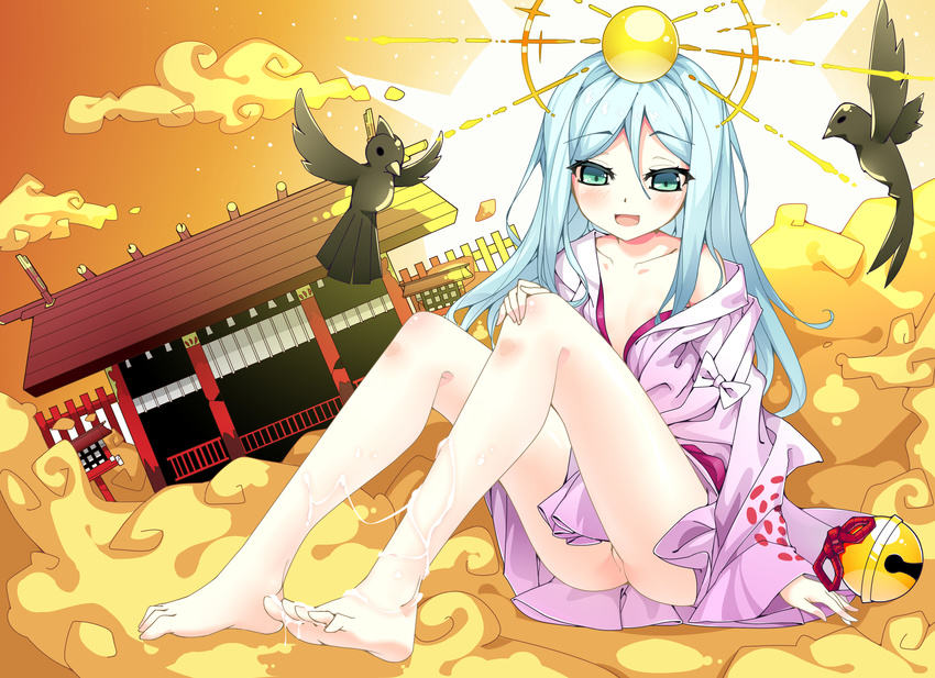absurdres amaterasu_(p&amp;d) aqua_eyes bad_id bad_pixiv_id bare_legs bare_shoulders barefoot bird blush cloud cum cum_on_body cum_on_lower_body hair_ornament highres japanese_clothes kimono long_hair long_sleeves no_pants off_shoulder ootsuki_momiji open_mouth puzzle_&amp;_dragons smile soles solo very_long_hair