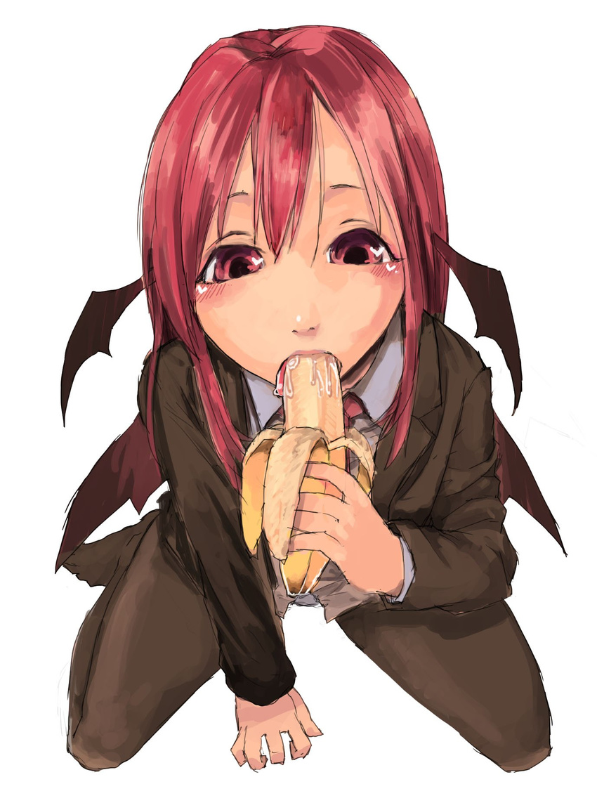 arm_support banana bat_wings blush demon_girl food formal fruit highres holding holding_food holding_fruit kneeling koakuma leaning_forward looking_at_viewer no_shoes pantyhose red_eyes red_hair sexually_suggestive simple_background solo sucking suit tongue touhou white_background wings yunuki_uta