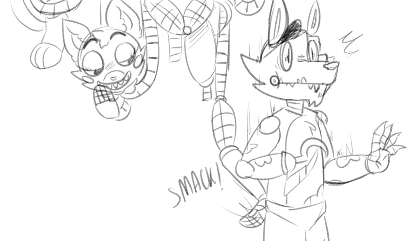 animatronic butt_slap canine duo exposed_endoskeleton eye_patch eyewear female five_nights_at_freddy's five_nights_at_freddy's_2 fox foxy_(fnaf) grin hook_hand machine male mammal mangle_(fnaf) robot slap sound_effects surprise unnecessaryfansmut video_games