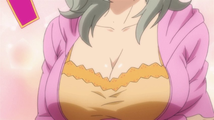 1girl animated animated_gif binbougami_ga! bouncing_breasts breasts green_eyes grey_hair large_breasts sakura_ichiko solo