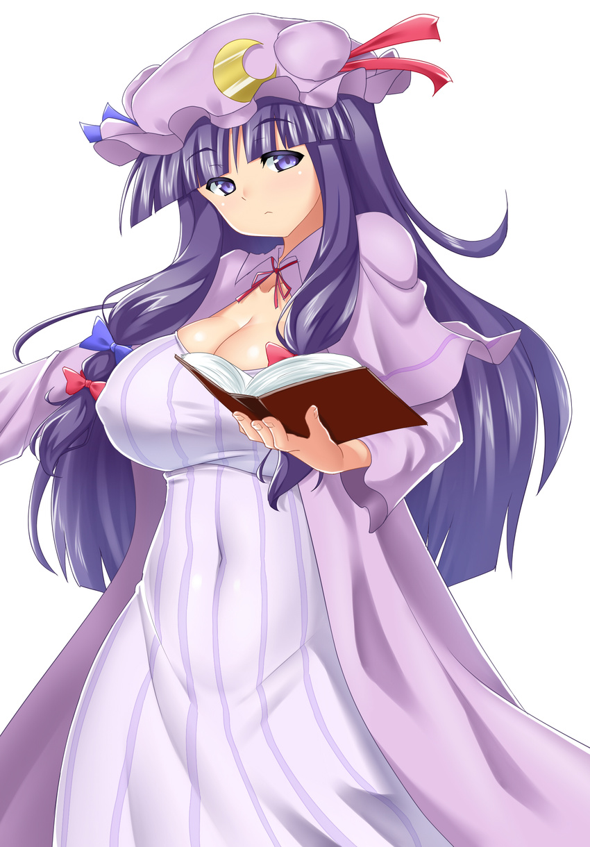 :&lt; absurdres bangs belly blunt_bangs book breasts bursting_breasts cleavage cloak covered_navel covered_nipples crescent crescent_hair_ornament dress hair_ornament hat highres holding holding_book huge_breasts long_hair looking_at_viewer low-tied_long_hair mob_cap mokkori9 patchouli_knowledge purple_eyes purple_hair solo touhou very_long_hair wide_hips