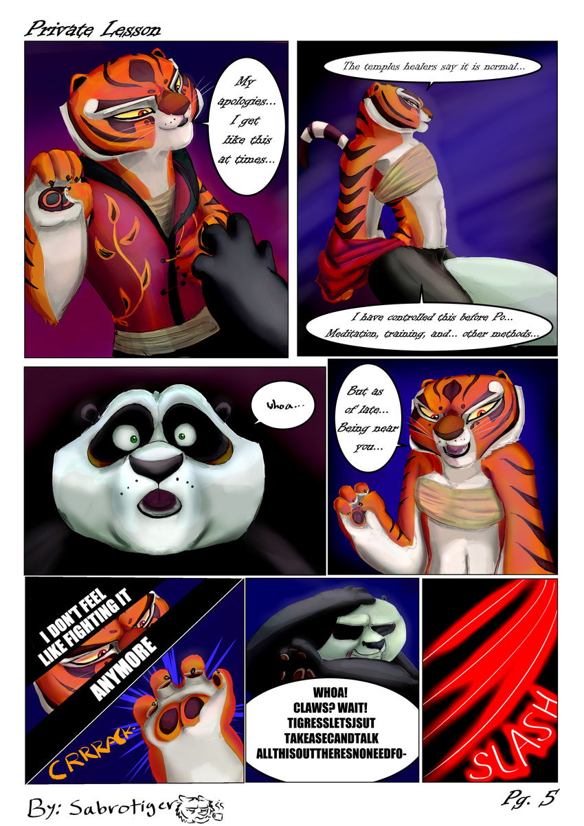bear clothing comic dialogue feline female kung_fu_panda male mammal master_tigress panda po sabrotiger tiger undressing