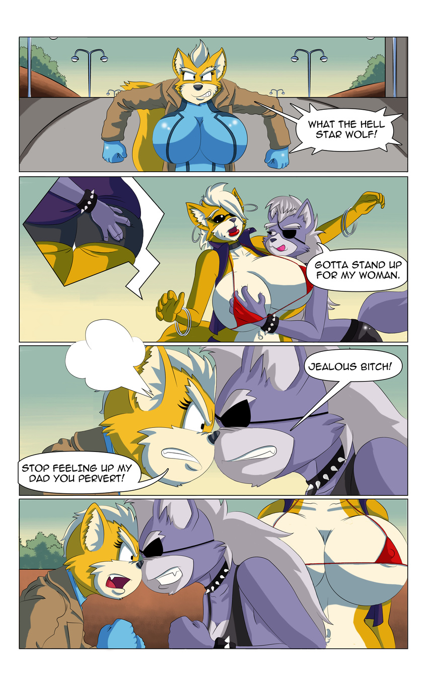 angry big_breasts bra breasts canine clothing comic ear_piercing fox james_mccloud mammal metroid nintendo piercing purse shocked star_fox text underwear video_games wolf_o'donnell zero_suit_fox