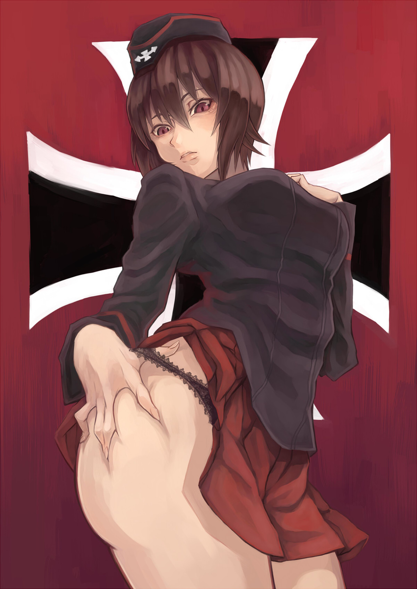 adjusting_clothes adjusting_panties ass bangs black_jacket black_panties brown_eyes brown_hair cowboy_shot emblem garrison_cap girls_und_panzer hand_on_hip hand_on_own_chest hat highres iron_cross jacket jinguuji_(jinguji443) kuromorimine_military_uniform lace lace-trimmed_panties long_sleeves looking_at_viewer military military_uniform miniskirt nishizumi_maho panties pleated_skirt red_skirt self_exposure short_hair skirt skirt_lift solo standing underwear uniform