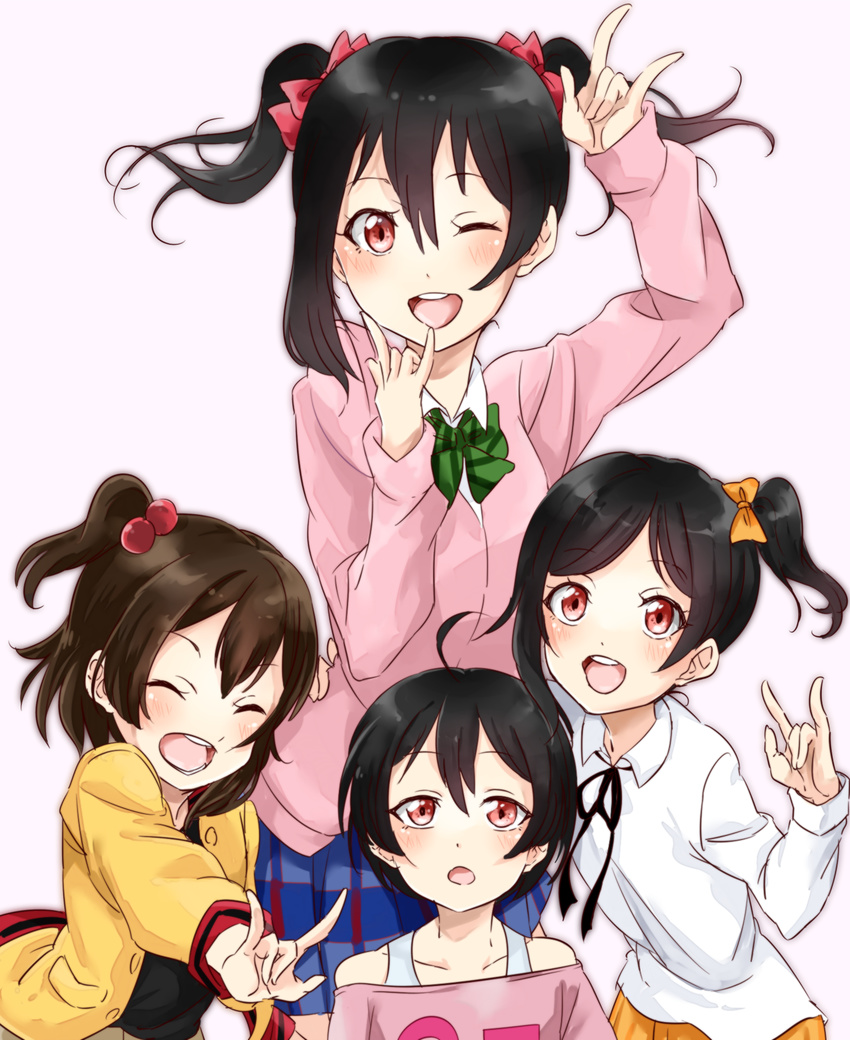 3girls \m/ bad_id bad_pixiv_id black_hair blush bow double_\m/ hair_bow highres love_live! love_live!_school_idol_project multiple_girls nico_nico_nii red_eyes red_hair siblings side_ponytail smile twintails vorupi yazawa_kokoa yazawa_kokoro yazawa_kotarou yazawa_nico