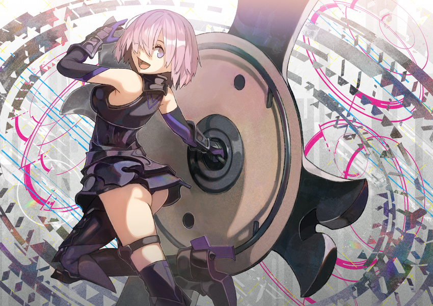:d armor armored_boots ass boots breasts elbow_gloves fate/grand_order fate_(series) from_behind gloves hair_over_one_eye high_heels holding lavender_hair leg_up looking_back mash_kyrielight medium_breasts open_mouth purple_eyes rano shield short_hair smile solo thigh_strap