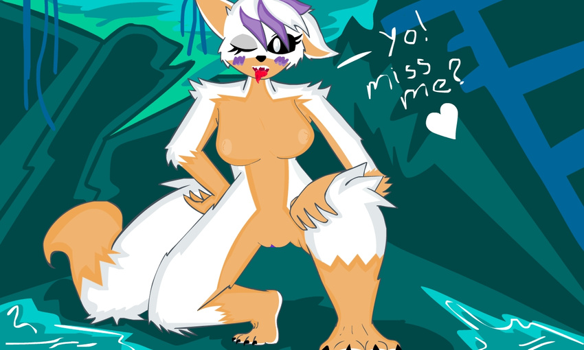 &lt;3 2016 animatronic anthro big_eyes black_eyes black_nose blush breasts canine clitoris dialogue digital_media_(artwork) e-01_(artist) english_text feet female five_nights_at_freddy's five_nights_at_freddy's_world fox fur hair lolbit_(fnaf) looking_at_viewer machine mammal nails nipples nude open_mouth orange_fur purple_fur purple_pussy pussy robot simple_background smile solo tagme teeth text toes tongue video_games white_fur
