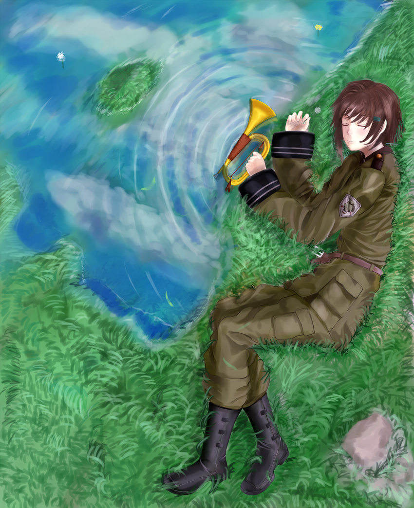 blush boots brown_hair bugle cloud fta highres reflection ripples rock short_hair sleeping sleeves_past_wrists solo sora_no_woto sorami_kanata uniform water