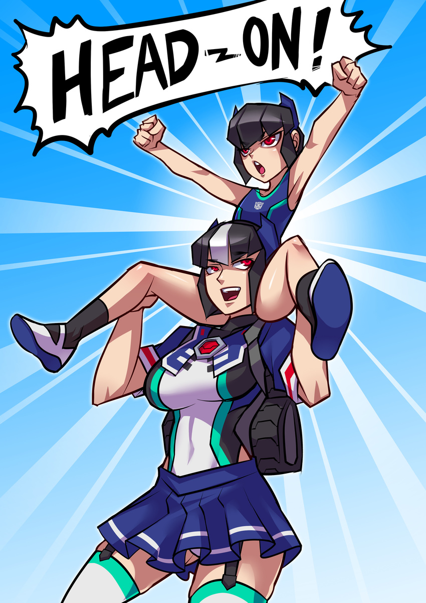 absurdres autobot backpack bag black_hair breasts carrying clenched_hands covered_navel dual_persona english fortress_maximus garter_straps genderswap genderswap_(mtf) hairband highres large_breasts miniskirt multicolored_hair multiple_girls open_mouth personification ryuusei_(mark_ii) shoes shoulder_carry sidelocks skirt smile socks striped striped_legwear swimsuit thighhighs transformers two-tone_hair white_hair