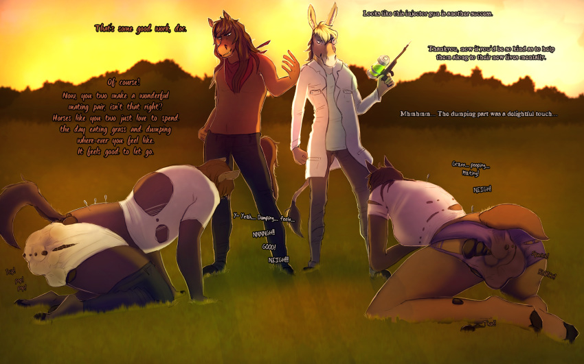 anthro biped clothing dialogue english_text equine feces group horse jager-darklite jager_(jager-darklite) mammal outside pooping scat soiling text torn_clothing transformation