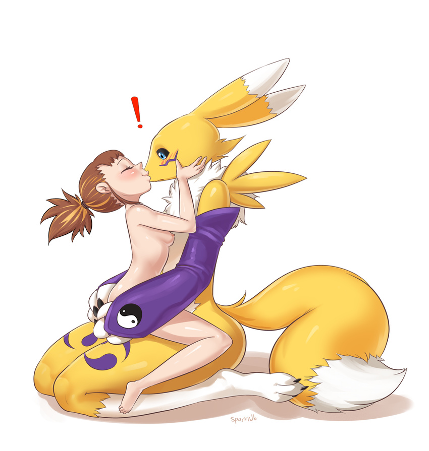 ! anthro black_sclera blue_eyes blush breasts butt butt_grab claws clothing digimon digiphilia duo embracing eyes_closed female female/female fur gloves hair hand_on_butt hand_on_face hi_res human human_on_anthro interspecies kissing mammal nipples nude on_lap renamon rika_nonaka romantic_couple side_view simple_background sitting sparkydb surprise white_background wide_eyed yellow_fur young