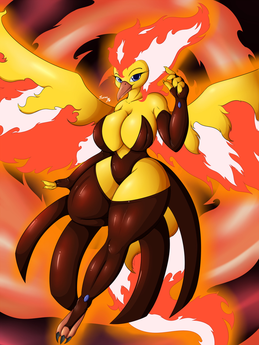 2016 absurd_res anthro beak big_breasts breasts claws cleavage clothed clothing female fire hi_res legendary_pok&eacute;mon legwear looking_at_viewer moltres nintendo pok&eacute;mon pok&eacute;morph solo spread_wings suirano toe_claws video_games wings