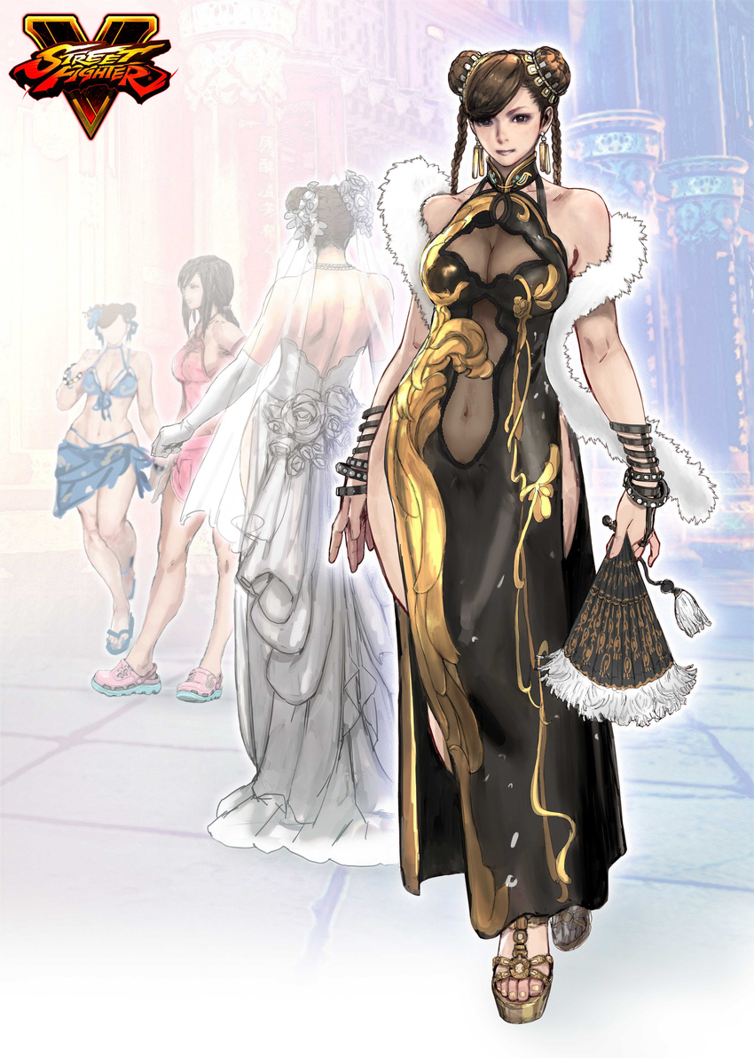 absurdres alternate_costume alternate_hairstyle bikini bracelet breasts bridal_gauntlets choker chun-li cleavage cleavage_cutout commentary_request copyright_name crocs double_bun dress earrings eyeshadow fan flower from_behind front-tie_top hair_flower hair_ornament halterneck highres hips jewelry large_breasts looking_at_viewer makeup multiple_views navel navel_cutout official_art pelvic_curtain ponytail sarong see-through side_slit stole street_fighter swimsuit variations wedding_dress yasuda_akira