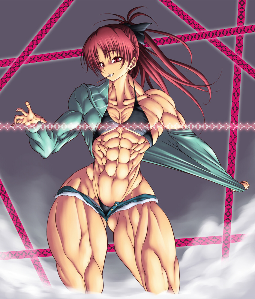 abs extreme_muscles mahou_shoujo_madoka_magica muscle pulled_by_self purukogi_(plasma_beach) red_eyes red_hair ribbon sakura_kyouko short_shorts thick_thighs