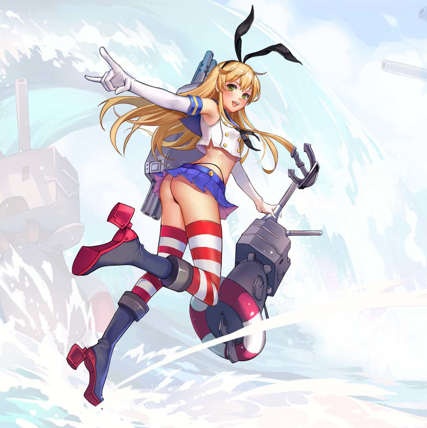 :3 :d anchor_hair_ornament ass bad_id bad_pixiv_id black_panties blonde_hair blue_skirt cat_(pixiv5891854) crop_top crop_top_overhang elbow_gloves gloves green_eyes hair_ornament kantai_collection long_hair looking_at_viewer looking_back microskirt midriff open_mouth panties rensouhou-chan shimakaze_(kantai_collection) skirt smile striped striped_legwear thighhighs underwear white_gloves