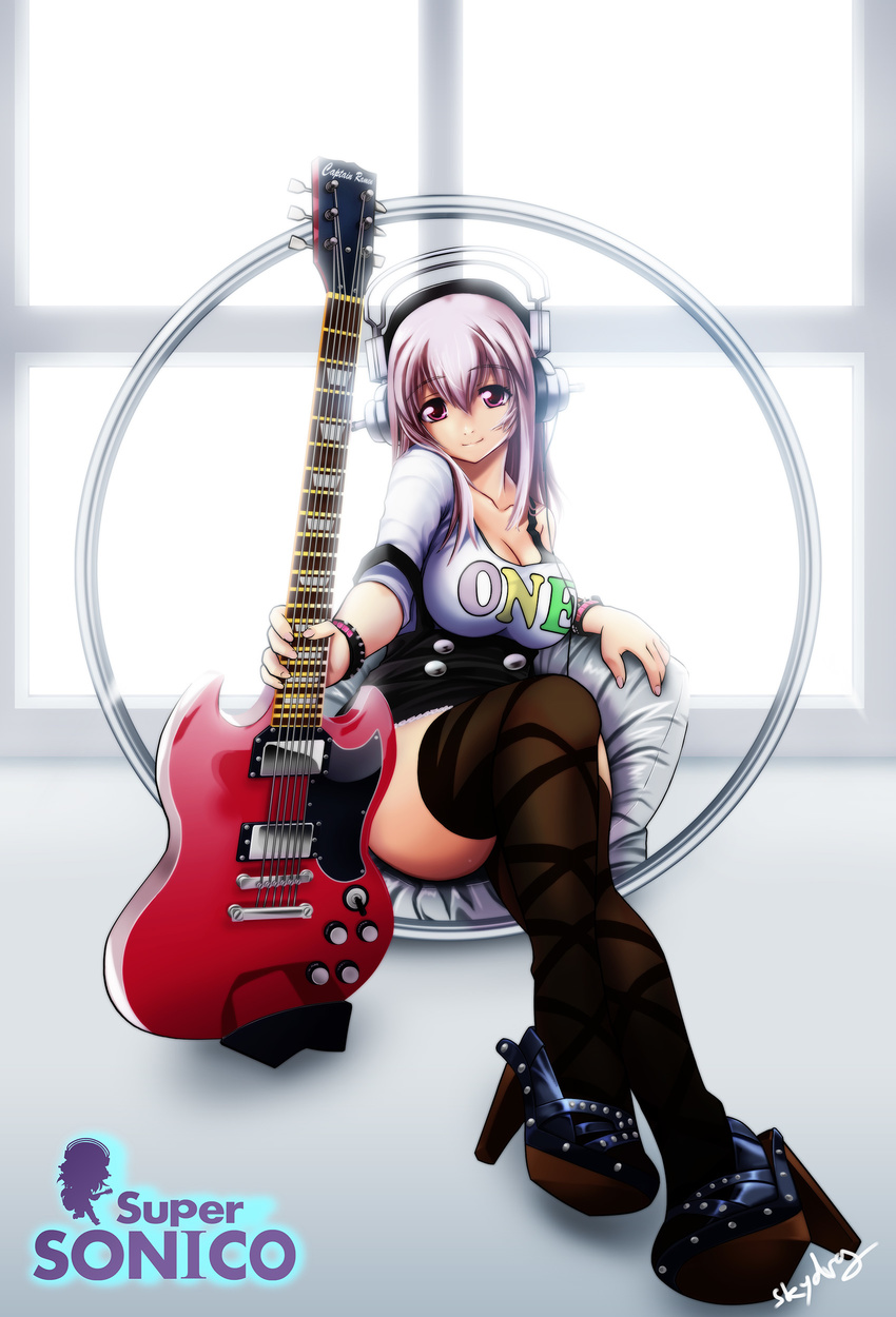 absurdres breasts commentary electric_guitar food guitar headphones highres instrument large_breasts long_hair looking_at_viewer macaron nitroplus photo-referenced pink_eyes pink_hair sg sitting skydrg smile solo super_sonico thighhighs