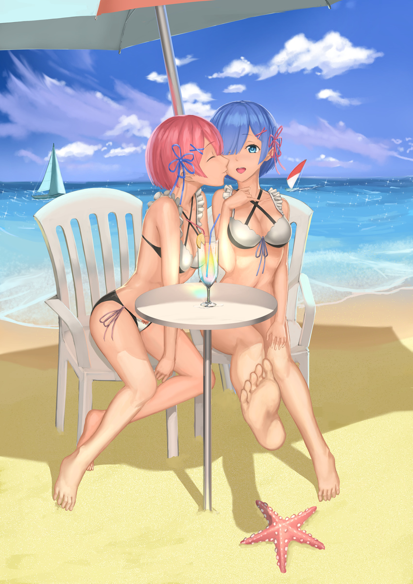 :d absurdres barefoot beach beach_umbrella bikini blue_eyes blue_hair boat bow_bikini breasts ccjn chair cheek_kiss cleavage closed_eyes cloud criss-cross_halter day drinking_straw feet glass hair_ornament hair_over_one_eye hair_ribbon halter_top halterneck highres incest kiss maid_bikini medium_breasts multiple_girls ocean one_eye_closed open_mouth outdoors parasol pink_hair ram_(re:zero) re:zero_kara_hajimeru_isekai_seikatsu rem_(re:zero) ribbon sailboat sand short_hair siblings side-tie_bikini sisters sitting sky smile starfish swimsuit table tropical_drink twins umbrella water watercraft x_hair_ornament yuri