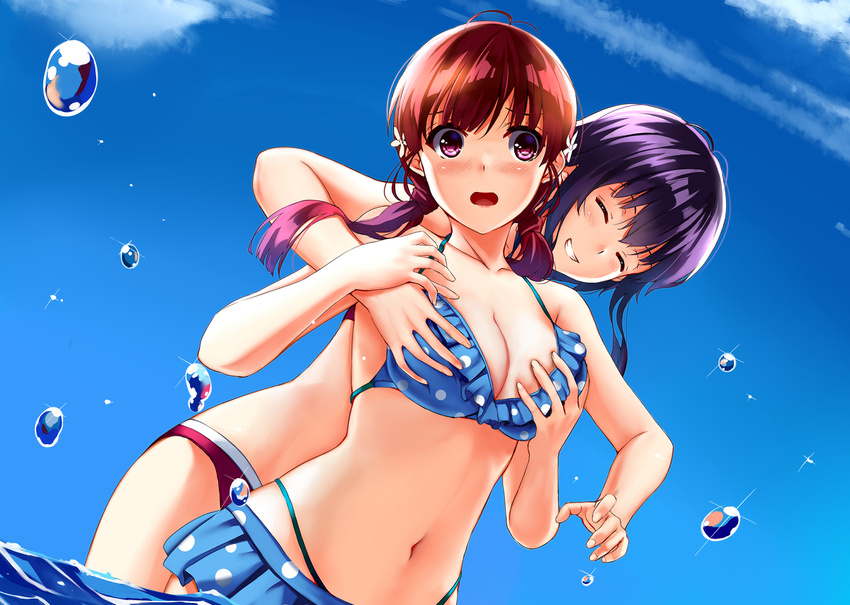 2girls aliasing bikini blush breasts bubbles cleavage clouds kasumigaoka_utaha katou_megumi long_hair mizuki_ame navel purple_hair saenai_heroine_no_sodatekata sky swimsuit water