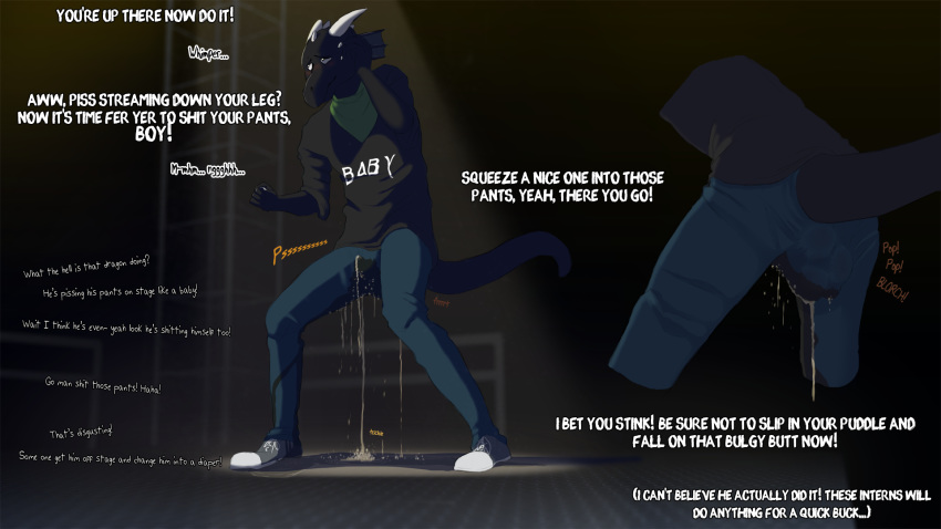 anthro bandanna biped clothed clothing dialogue dragon embarrassed english_text feces footwear jager-darklite jeans multiple_angles onomatopoeia pants peeing pooping public_humiliation scalie scat shirt shoes soiling solo_focus sound_effects text urine western_dragon wetting