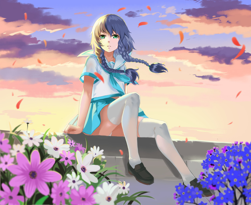 alternate_hairstyle arms_at_sides black_hair blue_skirt blurry braid crying crying_with_eyes_open depth_of_field flower forget-me-not_(flower) full_body green_eyes hair_ornament highres loafers long_hair looking_at_viewer luo_tianyi outdoors panties pantyshot pantyshot_(sitting) petals pleated_skirt school_uniform serafuku shoes short_sleeves sitting skirt sky solo tears thighhighs tied_hair traze twin_braids underwear vocaloid vocanese white_legwear white_panties wind