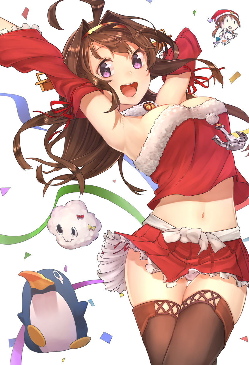 :d absurdres ahoge anchor armpits arms_up ass_visible_through_thighs baffu bare_shoulders blush boots breasts brown_hair brown_legwear christmas commentary_request confetti crop_top crop_top_overhang detached_sleeves double_bun error_musume failure_penguin frilled_skirt frilled_sleeves frills fur_trim girl_holding_a_cat_(kantai_collection) hairband headgear highres kantai_collection kongou_(kantai_collection) large_breasts long_hair looking_at_viewer midriff miss_cloud navel open_mouth panties pantyshot pleated_skirt purple_eyes santa_costume simple_background skirt smile solo thigh_boots thigh_gap thighhighs underwear white_background white_panties