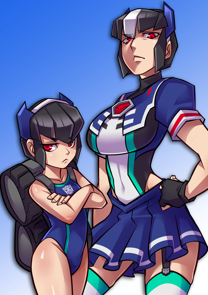 :&lt; absurdres autobot backpack bag black_hair breasts closed_mouth contrapposto covered_navel crossed_arms dual_persona fingerless_gloves fortress_maximus frown garter_straps genderswap genderswap_(mtf) gloves hairband hand_on_hip highres large_breasts miniskirt multicolored_hair multiple_girls personification red_eyes ryuusei_(mark_ii) serious sidelocks skirt standing striped striped_legwear swimsuit thighhighs transformers turtleneck two-tone_hair v-shaped_eyebrows white_hair