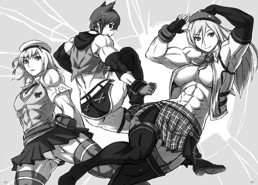 3girls abs artist_request breasts cap cleavage copyright_request female fingerless_gloves gloves monochrome muscle ribbon skirt tie
