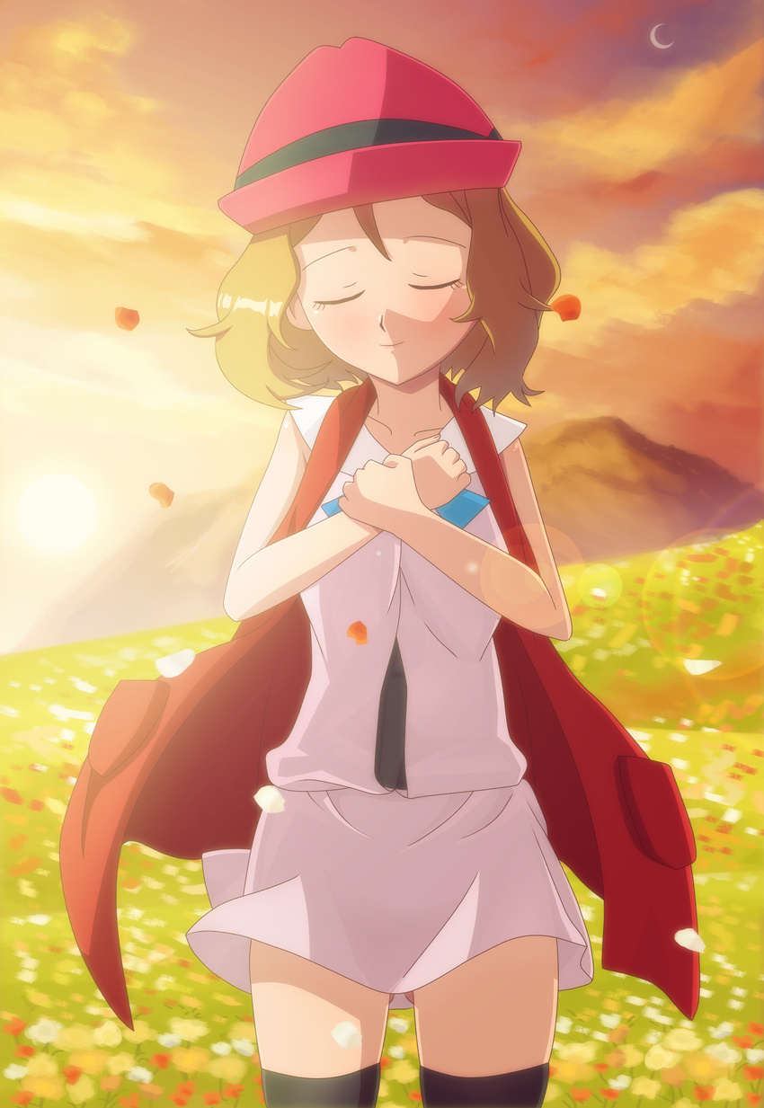 absurdres ass_visible_through_thighs black_legwear blush breasts brown_hair closed_eyes closed_mouth cowboy_shot field flower flower_field gazing_eye hat highres miniskirt open_clothes open_vest outdoors petals pokemon pokemon_(anime) pokemon_xy_(anime) red_vest serena_(pokemon) short_hair skirt sleeveless sleeveless_duster small_breasts smile solo standing thighhighs vest zettai_ryouiki