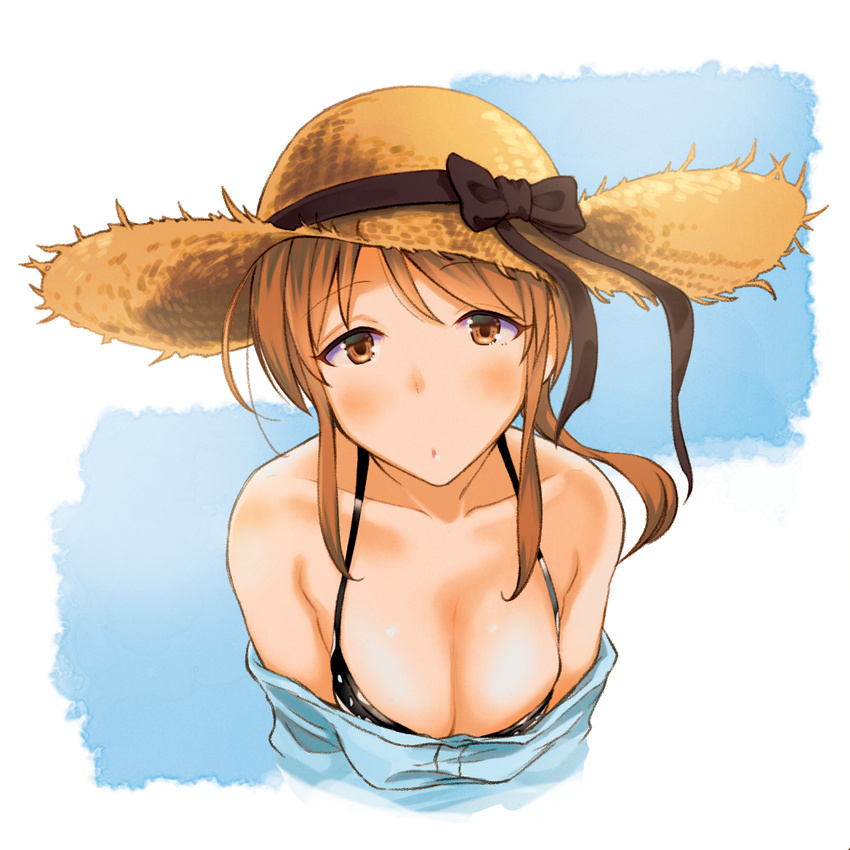 blush breasts brown_eyes brown_hair cleavage hat highres idolmaster idolmaster_cinderella_girls kanamura_will large_breasts long_hair mifune_miyu ponytail solo straw_hat upper_body