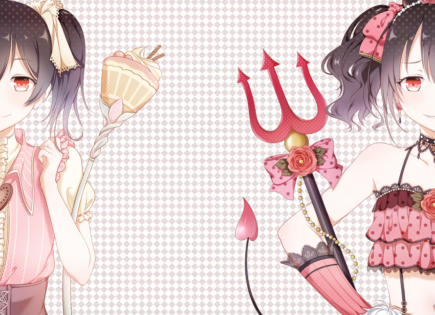 argyle argyle_background bare_shoulders black_hair bow camisole choker closed_mouth collarbone corset cupcake demon_tail detached_sleeves dual_persona earrings evil_grin evil_smile fang flower food grin hair_bow highres jewelry lace lace_choker looking_at_viewer love_live! love_live!_school_idol_project pink_bow pitchfork puffy_short_sleeves puffy_sleeves red_eyes red_flower red_rose ribbon-trimmed_sleeves ribbon_trim rose short_sleeves smile staff tail tohoko_kiri whipped_cream yazawa_nico
