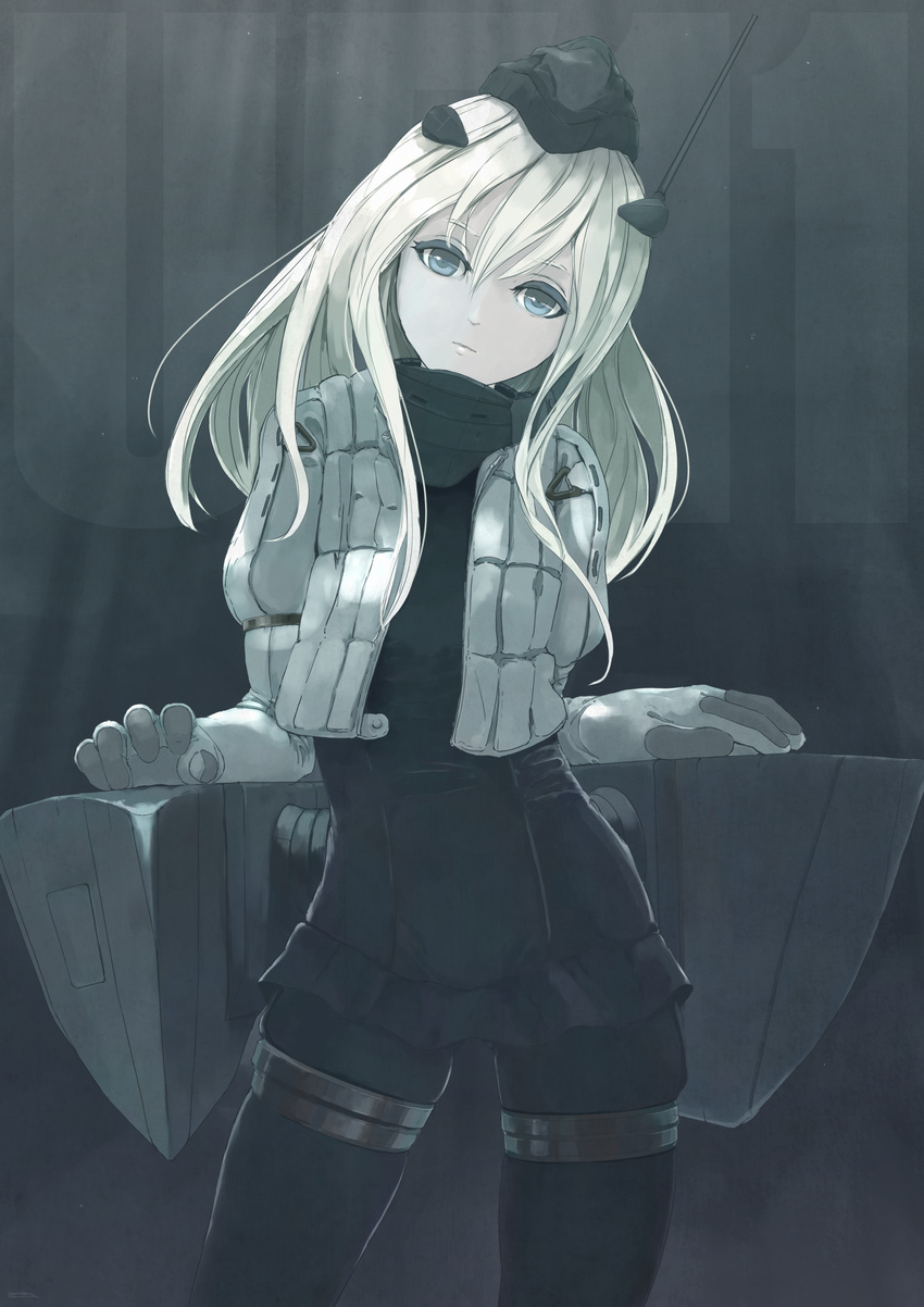absurdres blonde_hair blue_eyes commentary cropped_jacket garrison_cap gloves hat highres kantai_collection long_hair long_sleeves looking_at_viewer malcolm_x_(artist) military military_uniform pantyhose puffy_long_sleeves puffy_sleeves school_swimsuit solo swimsuit swimsuit_under_clothes thigh_strap u-511_(kantai_collection) uniform