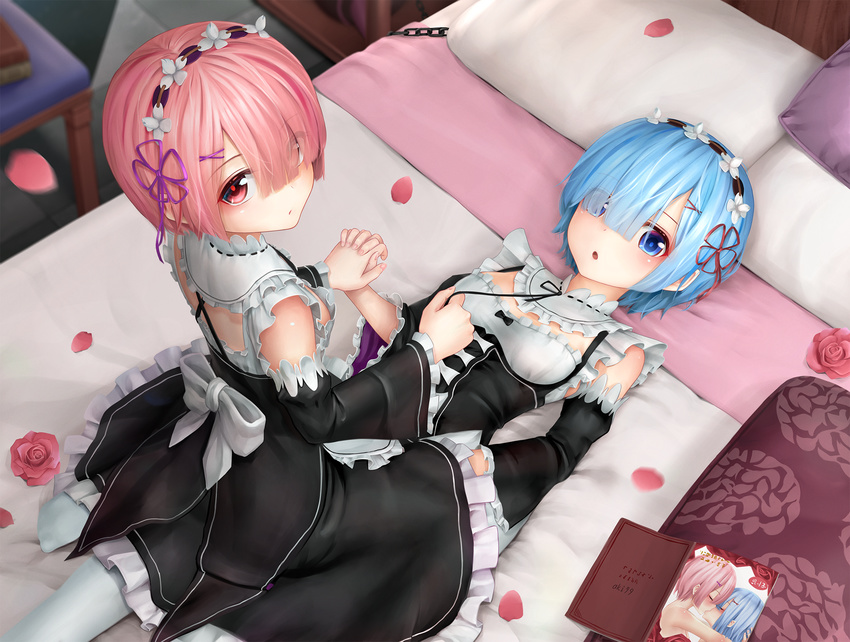aki99 bare_shoulders bed black_dress blue_eyes blue_hair blush breasts chain detached_sleeves dress eyes_visible_through_hair flower frills from_above girl_on_top hair_ornament hair_over_one_eye highres holding_hands incest indoors looking_at_viewer looking_up lying maid maid_headdress multiple_girls on_back open_mouth pantyhose petals pillow pink_hair ram_(re:zero) re:zero_kara_hajimeru_isekai_seikatsu red_eyes rem_(re:zero) ribbon ribbon-trimmed_collar ribbon_trim rose rose_petals short_hair siblings sisters sitting sitting_on_person small_breasts straddling twincest twins underbust untying white_legwear x_hair_ornament yuri