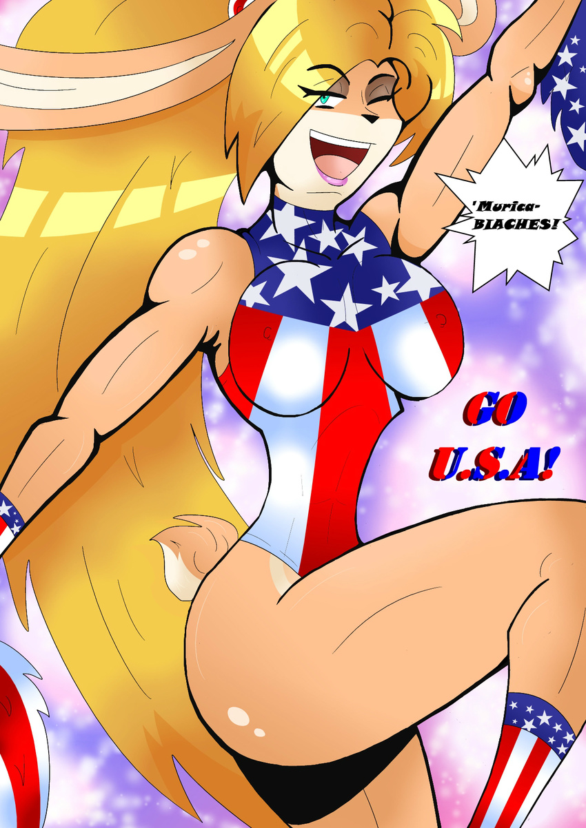 4th_july anthro armpits betty_hare big_breasts blonde_hair blue_eyes breasts cheerleader clothing dandabar english_text female hair holidays independence_day lagomorph legwear long_ears long_hair mammal narrow_waist nevlinad nipples nude one_eye_closed open_mouth pom_poms pose rabbit raised_arm solo stars_&amp;_stripes text thrill_seekers_(copyright) tights usa_themed