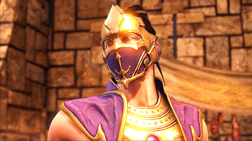 1boy armor black_hair brooch brown_eyes bust cape gem gold gold_armor highres jpeg_artifacts looking_over male_focus mask mortal_kombat mortal_kombat_x muscle ninja ninja_mask ponytail prince rain_(mortal_kombat) screenshot shiny solo sunset thick_eyebrows