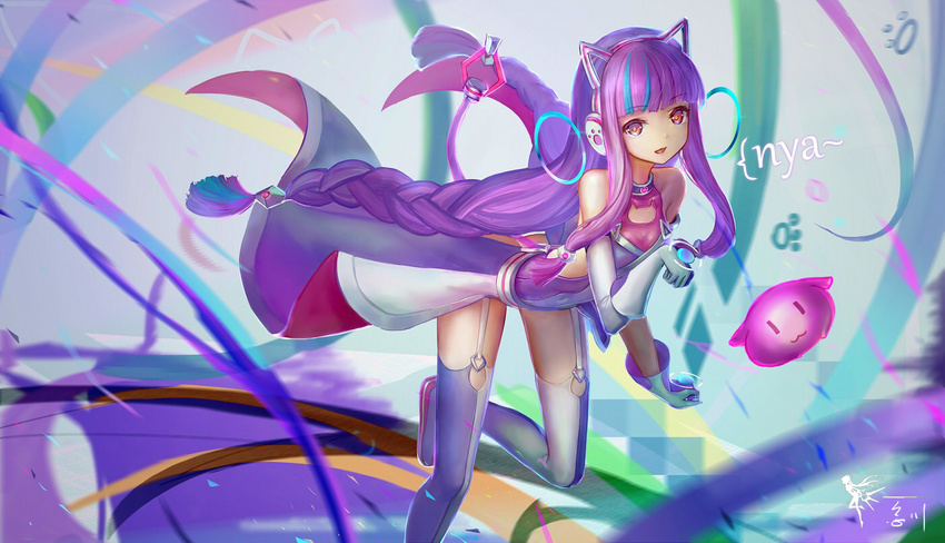 300_heroes cat_ear_headphones garter_straps gloves headphones long_hair making_of multicolored_hair paw_pose purple_hair solo thighhighs timi_(300_heroes) two-tone_hair wangchuan_de_quanyan