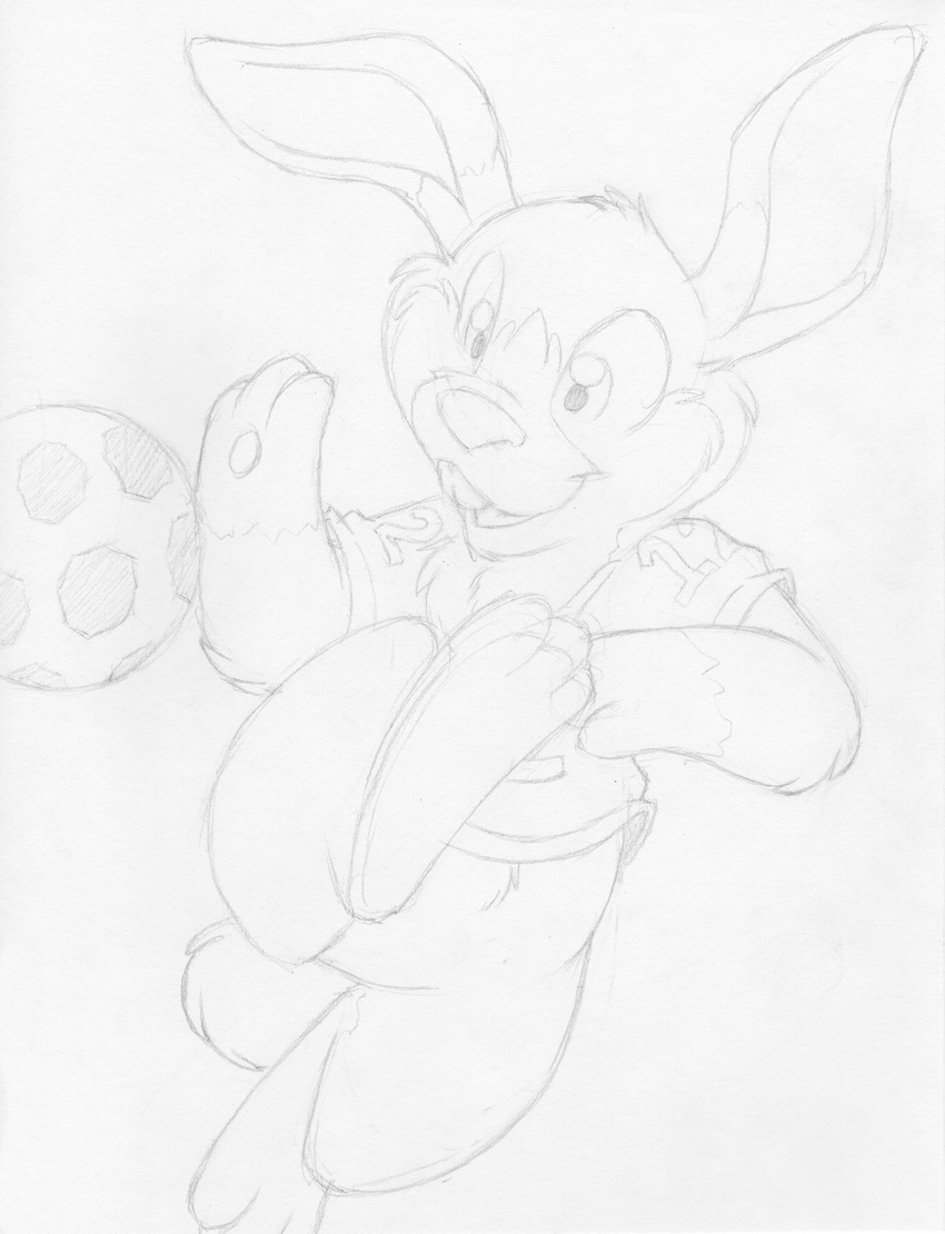 absurd_res action_pose anthro ball barefoot bottomless buckteeth clothed clothing cub featureless_crotch front_view greyscale hi_res jamie_(mizzyam) jersey kick lagomorph line_art looking_away male mammal mizzyam monochrome pencil_(artwork) rabbit smile soccer soccer_ball solo sport teeth traditional_media_(artwork) young