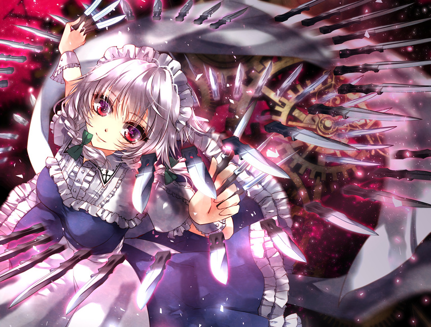 braid danmaku gears holding holding_knife izayoi_sakuya knife knives_between_fingers lilithbloody maid_headdress red_eyes silver_hair solo too_many too_many_knives touhou twin_braids