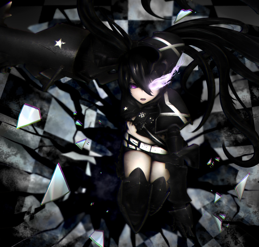 armor belt black_hair black_rock_shooter black_rock_shooter_(character) black_shorts burning_eye checkered checkered_floor from_above glass_shards hair_between_eyes highres insane_black_rock_shooter kinoshita_ringo_(kagamine-ren02) long_hair looking_at_viewer open_mouth purple_eyes short_shorts shorts solo star twintails very_long_hair